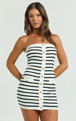 Amber Mini Dress - Strapless Knit Stripe Bodycon Dress in White/Black