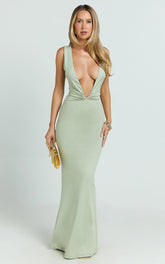 Alexa Maxi Dress - Plunge Cowl Neck Ruched Jersey Dress in Sage