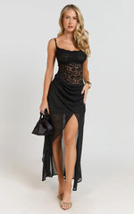 Frances Midi Dress - Cowl Neck Contrast Lace Slip Dress in Black