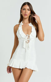 Barley Mini Dress - Ruffle Halter Tie Front Flounced Skirt Dress in White