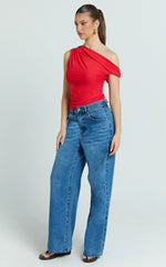 Amaya Top - Off Shoulder Twist Asymmetrical Sleeve Top in Red