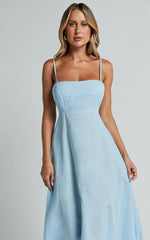 Brette Midi Dress - Linen Straight Neck Strappy Fit And Flare Dress in Blue