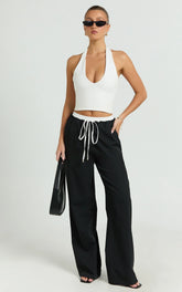 Maliha Pants - Mid Rise Contrast Elasticated Drawstring Wide Leg Tailored Pants in Black