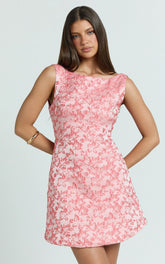Courtney Mini Dress - Boat Neck Fit and Flare Dress in Pink