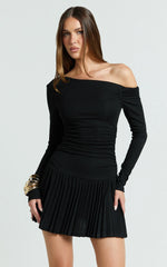 Presley Mini Dress - One Shoulder Ruched Side Pleated Fit And Flare Dress in Black