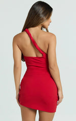 Drew Mini Dress - One Shoulder Faux Wrap Bodycon Dress in Red