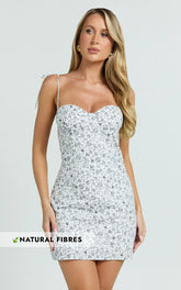 Larson Mini Dress - Tie Strap Ruched Bust Dress in White/Blue