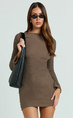 Brenda Mini Dress - Boat Neck Rib Knit Bodycon Dress in Mocha