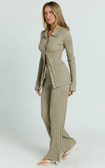 Kelsey Top - Button Through Long Sleeve Knitted Top in Taupe