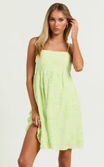 Claya Mini Dress - Sleeveless Straight Neckline Floral Detail Dress in Lime