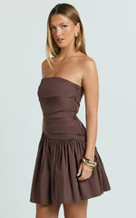 Almera Mini Dress - Strapless Ruched Dress in Chocolate