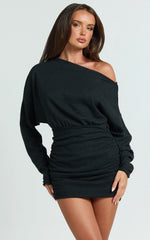 Alyce Mini Dress - Long Sleeve One Shoulder Dress in Black
