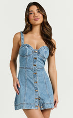 Alena Mini Dress - Sweetheart Button Down Sleeveless Bodycon Denim Dress in Mid Blue Wash