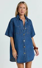 Richelle Mini Dress - Short Sleeve Denim Shirt Dress in Mid Blue