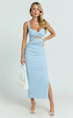 Bianca Midi Dress - Twist Front Cut Out Ruched Dress in Baby Blue