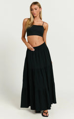 Ruby Midi Skirt - Shirred High Waist Cotton Tiered Skirt in Black