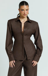 Dale Top - Collared Power Shoulder With Waist Tie Shirt in Chocolate