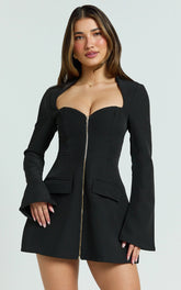 Lausanne Mini Dress - Sweetheart Neck Long Sleeve Zip Front Tulip Dress in Black