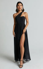 Amorette Maxi Dress - One Shoulder Detail Gown Dress in Black