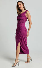 Aidia Midi Dress - Off Shoulder Draped Corset Dress in Plum