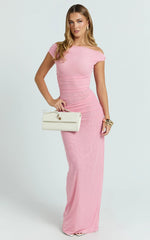 Harrison Maxi Dress - Off Shoulder Ruche Wide Waistband Long Skirt Mesh Dress in Pink