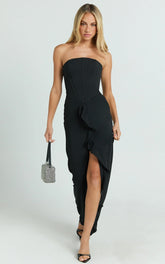 Jamilla Maxi Dress - Strapless Ruffle Front Fit And Flare Dress in Black