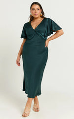 Amartina Midi Dress - V Neck Twist Bodice Flutter Sleeve Dress in Forest Green