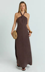 Hilda Maxi Dress - Knot Detail Halter Neck Maxi Dress in Chocolate
