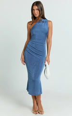 Arietty Midi Dress - One Shoulder Asymmetrical Ruched Dress in Steel Blue