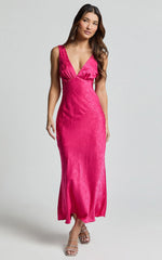 Cohen Midi Dress - Jacquard Satin Midi Dress in Pink