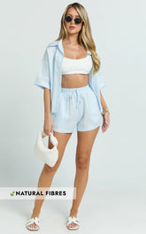 Ramona Linen Shorts - Drawstring Linen Shorts in Pale Blue