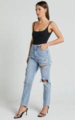 Billie Jeans - High Waisted Cotton Distressed Mom Denim Jeans in Mid Blue Wash