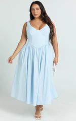 Beckett Midi Dress - Scoop Neck Drop V Waist Gathered Skirt Dress in Blue