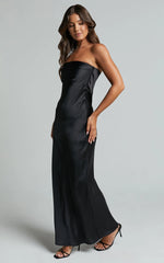 Charlita Maxi Dress - Strapless Cowl Back Satin Dress in Black