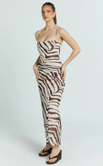 Gwendolyn Maxi Dress - Zebra Bias Spaghetti Strap Dress in Choc Zebra