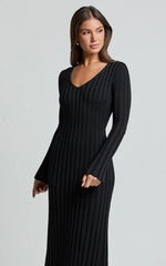 Astra Maxi Dress - V Neck Long Sleeve Knit Dress in Black