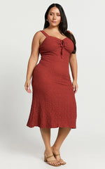 Olsen Midi Dress - Textured Wide Strap Tie Front Dress in Burnt Rust