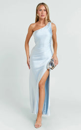 Isla Maxi Dress - Satin One Shoulder Side Split Dress in Sky Blue