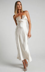 Jaslynn Midi Dress - Strapless V Neck Satin Dress in Champagne