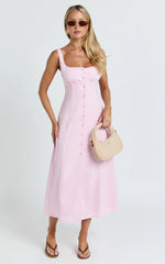 Cameron Midi Dress - Button Front Tie Back Dress in Pink