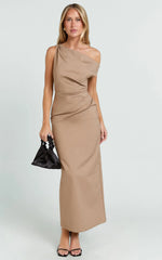 Alexandria Midi Dress - Tip Shoulder Draped Fitted Dress in Mocha