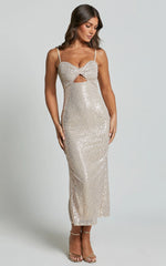 Agatha Maxi Dress - Sequin Twist Front Cut Out Dress in Gold