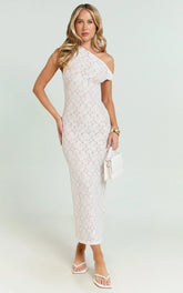 Sally Maxi Dress - Stretch Lace Twist Off Shoulder Dress in White