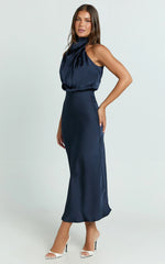 Minnie Midi Dress - Drape Neck Satin Slip Dress in Midnight Blue