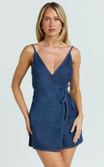 Ramira Mini Dress - Denim Halter Neck Wrap Tie Mini Dress in Raw