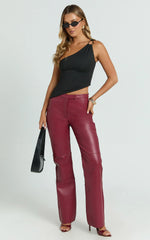 Marzia Pants - Faux Leather Mid Waisted Straight Leg Pants in Wine