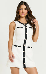 River Mini Dress - Boucle Button Through A Line Dress with Hardware Detail in White