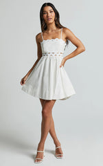 Brylee Mini Dress - Strappy Wave Neck Pleated Dress in White