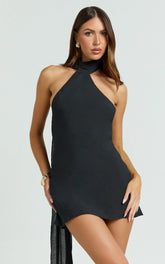 Maddox Mini Dress - Scarf Neck Low Tie Back Slip Dress in Black