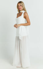 Calvin Maxi Dress - Linen Look Contrast Georgette Skirt with Neck Scarf in White